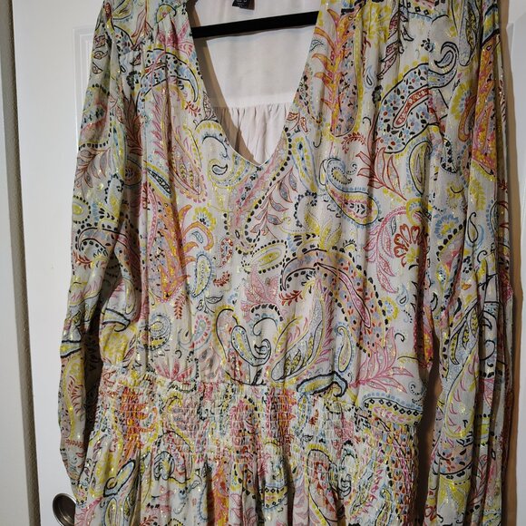 Boston Proper Paisley Bell Sleeves Metallic Threaded Mini Dress Smocked Waist - Picture 8 of 14